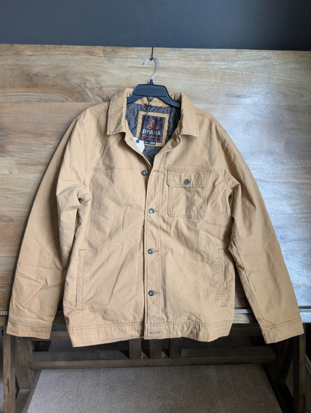 prAna Trembly Insulated Jacket Mens Large Tan Canvas Quilted Lined Button Front